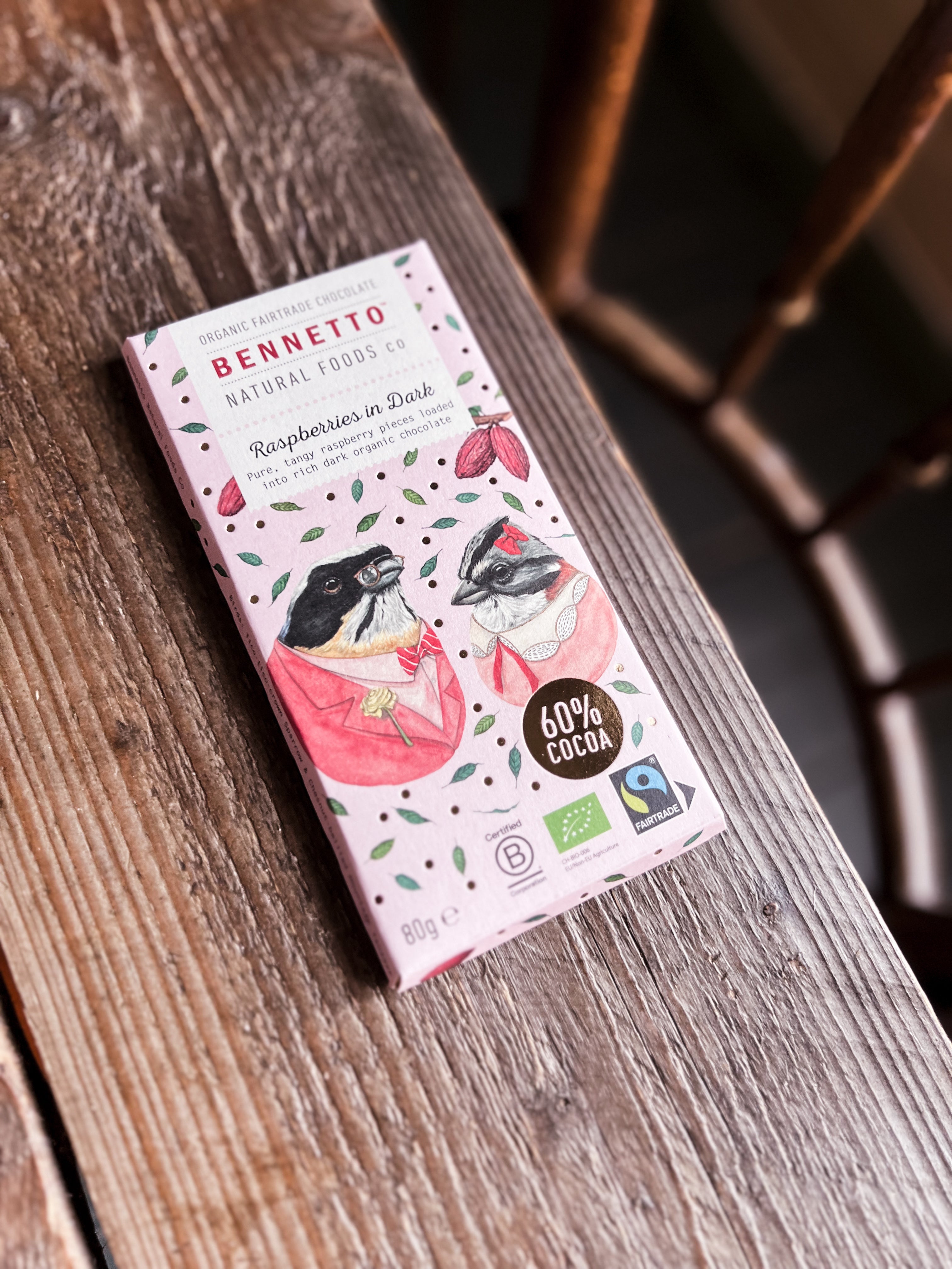 Benetto - 60% Mörk Choklad HALLONKRISP, ekologisk, fairtrade & vegan