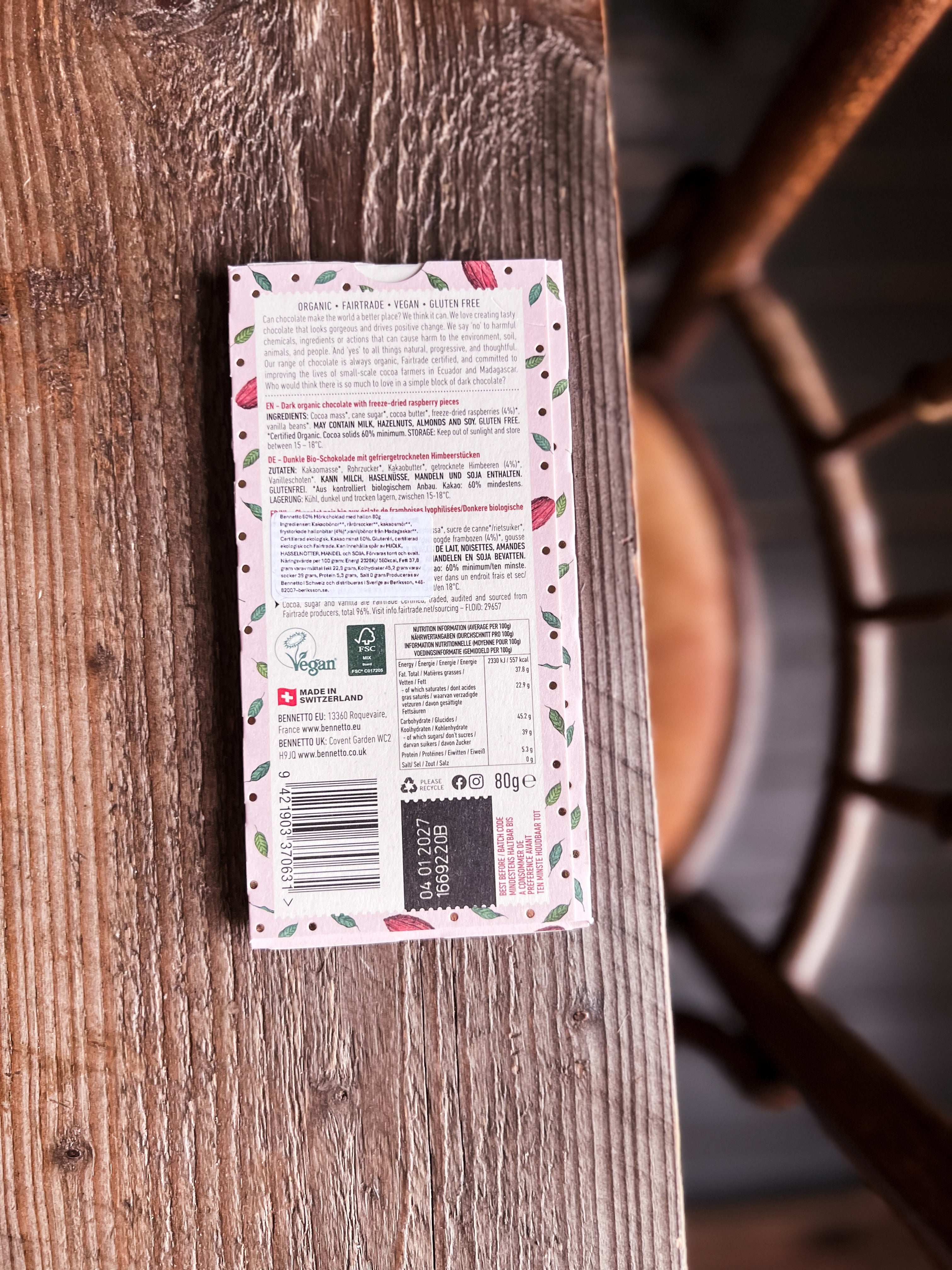 Benetto - 60% Mörk Choklad HALLONKRISP, ekologisk, fairtrade & vegan